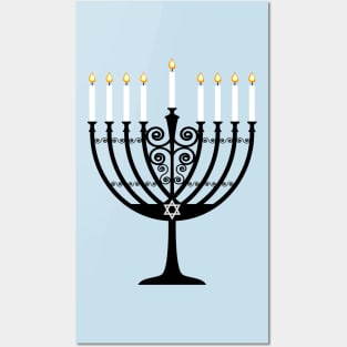 Black and White Lit Menorah with Star of David Posters and Art